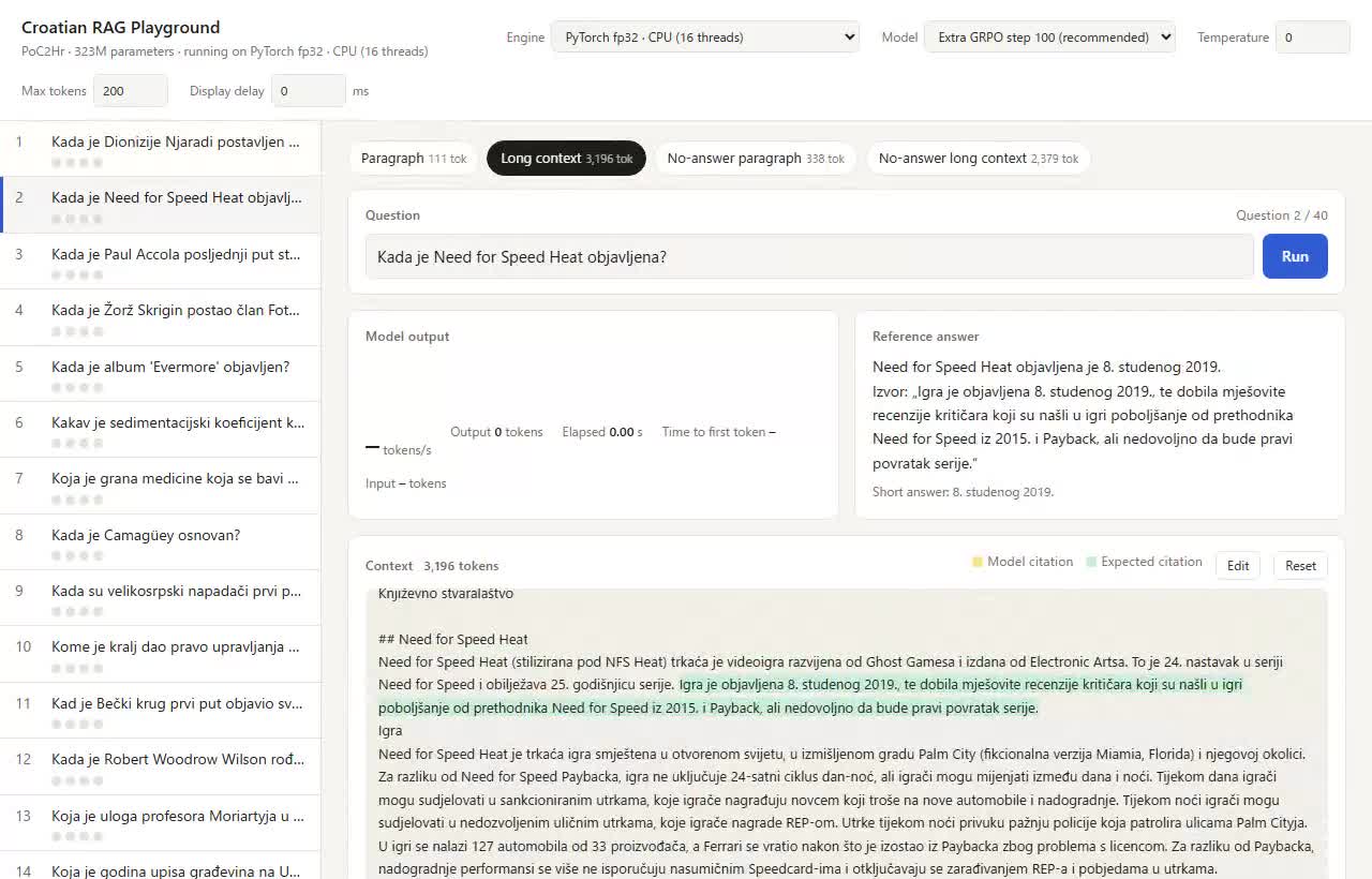PyTorch fp32 在 CPU 上运行并回答长上下文问题的情形